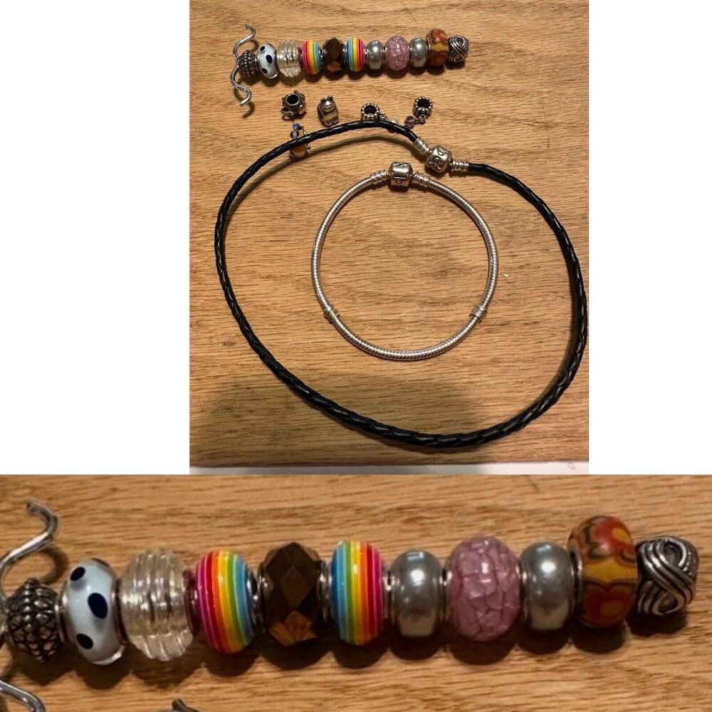 2 PANDORA BRACELET (16) 925 Sterling Silver CHARMS Cat Tea Pot Guitar Glass